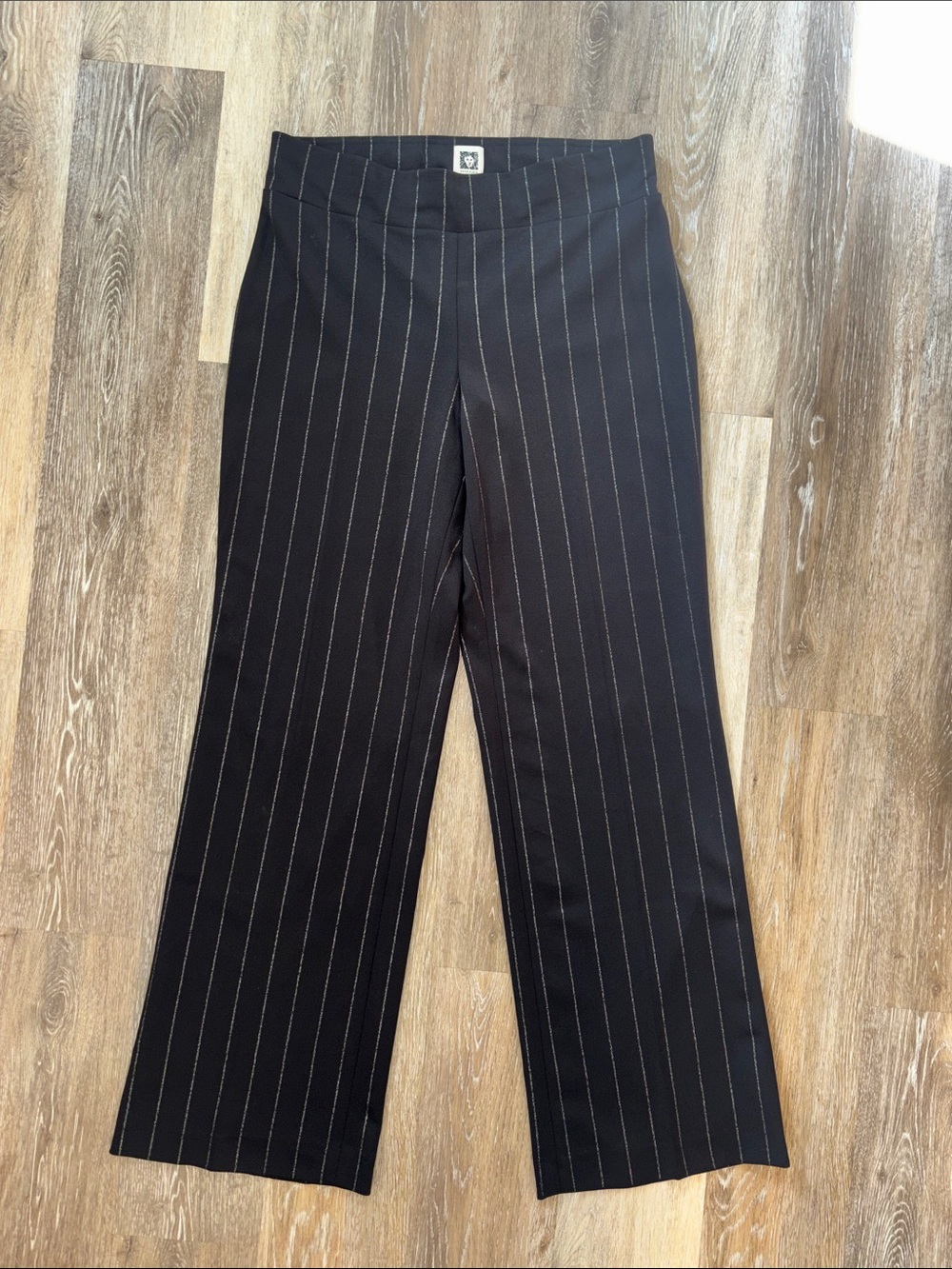 Anne Klein Black Trousers silver sparkle Pinstripes size Medium stretchy slip on